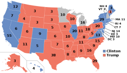 Résultats Etats par Etats des élections américaines 2016, avec le nombre de grands électeurs attribué à chaque Etat.