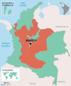 Carte des résultats du référendum colombien du 2 octobre : en rouge les régions où le NON a été majoritaire, en vert le OUI. (Source : Registraduría Nacional del Estado Civil de Colombia)