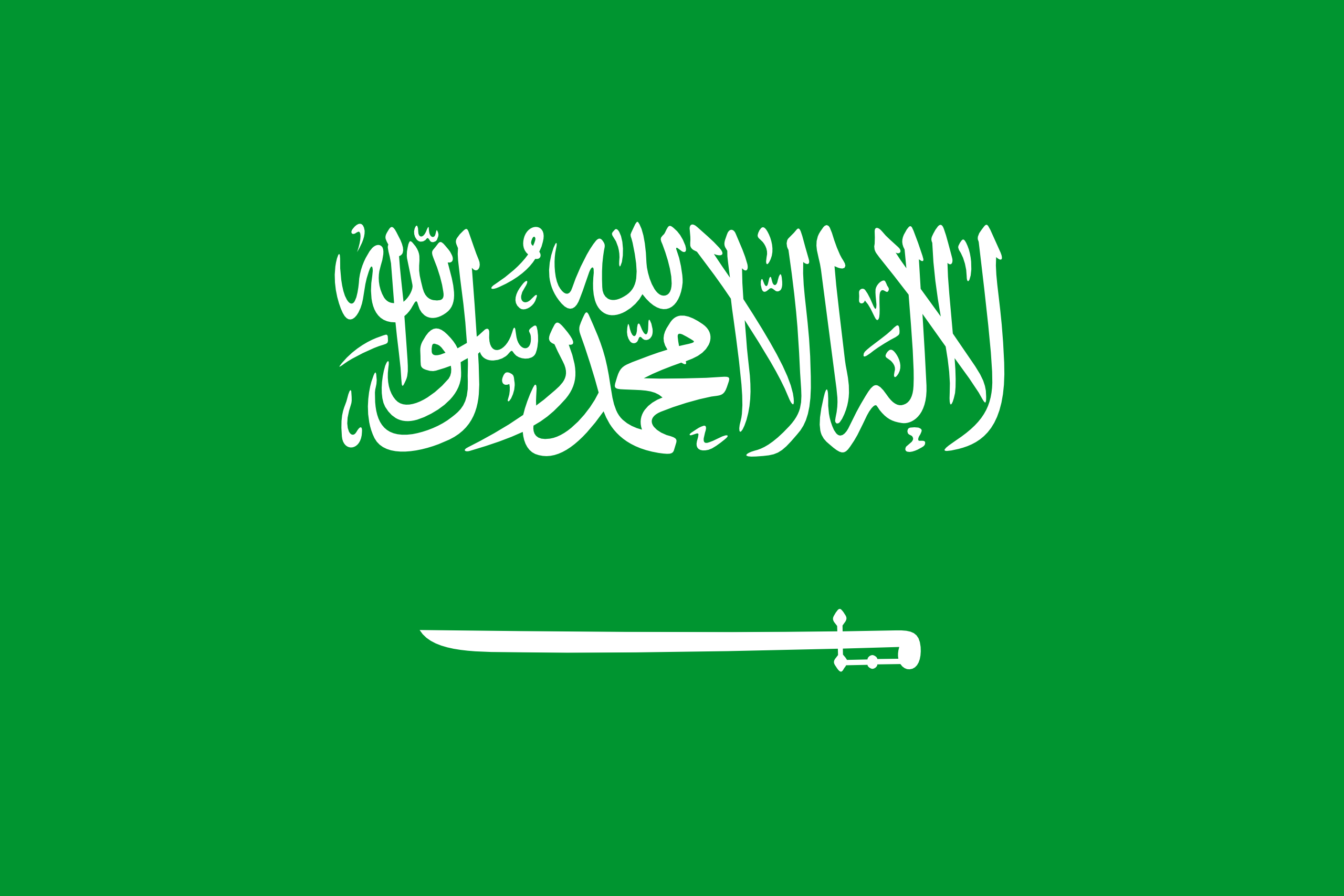 Le drapeau est sur fond vert qui représente la couleur de l'Islam. Il comporte une inscription qui est la chahada (la profession de foi musulmane) et un sabre blanc faisant écho à la conquête du pays par Ibn Saoud.
