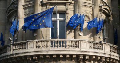 Drapeaux européen (symbole de l'Europe unie) flottant sur un édifice