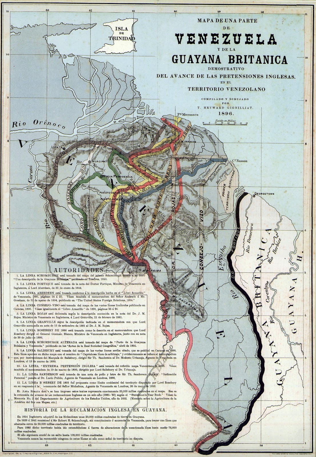 Carte de l'ancienne Guyane britannique (1896) avec les différentes lignes de démarcation discutées dans la sentence arbitrale de Paris. ©Wikimedia Commons