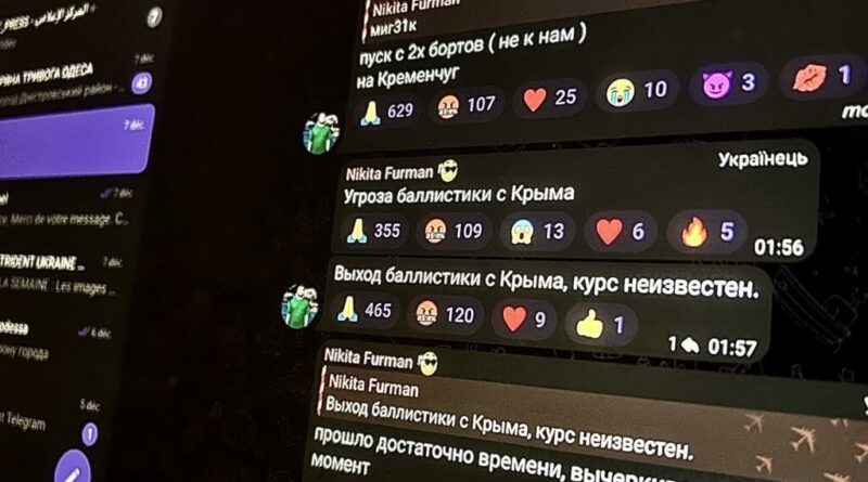 Capture d’écran de canaux Telegram ukrainiens diffusant des alertes en temps réel sur les drones Shahed russes.