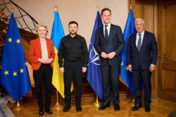Rencontre entre António Costa, président du Conseil européen, Mark Rutte, secrétaire général de l'Organisation du traité de l'Atlantique Nord (OTAN), Ursula von der Leyen, présidente de la Commission européenne, et Volodymyr Zelenskyy, président de l’Ukraine.